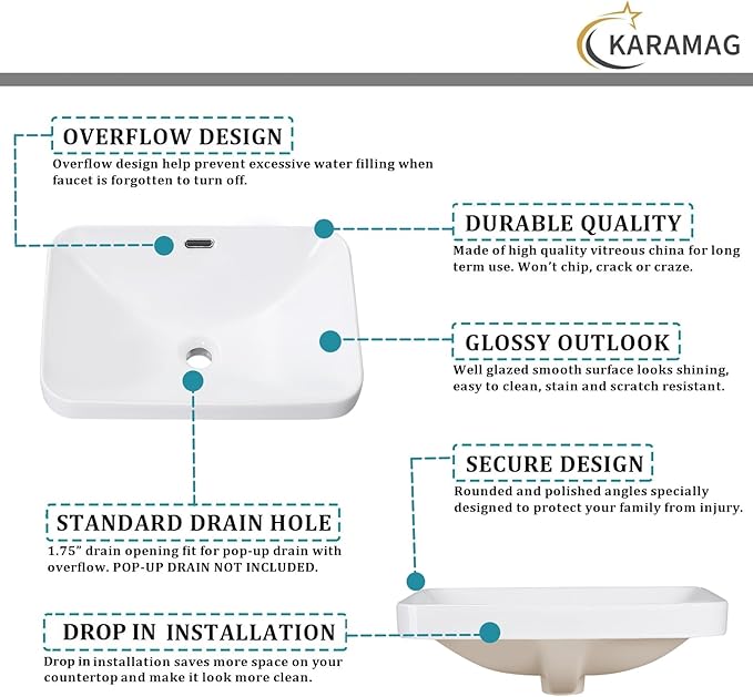 Bathroom Vessel Sink 20.6'' x 14.7'' Semi Recessed Bathroom Sink Rectangular Drop-in Vanity Sink with Overflow White Ceramic Modern Art Basin