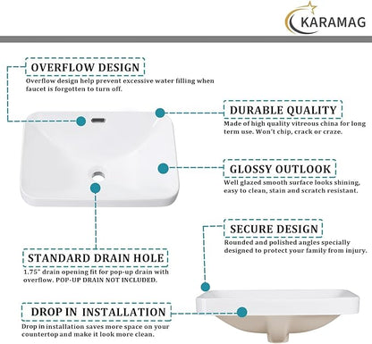 Bathroom Vessel Sink 20.6'' x 14.7'' Semi Recessed Bathroom Sink Rectangular Drop-in Vanity Sink with Overflow White Ceramic Modern Art Basin