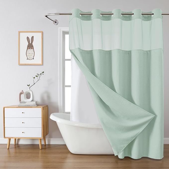 No Hook Waffle Shower Curtain with Snap-in Liner, 71x80 Inch, Mint Green | 230 GSM waffle weave fabric, waterproof liner set with 2 bottom magnets, mesh top window, washable, for bathroom or hotel use