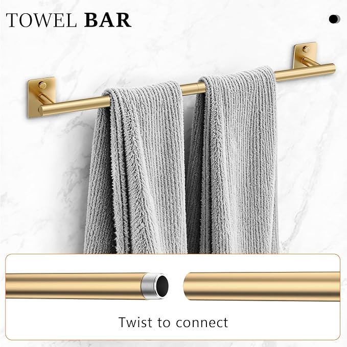 5 Pieces Bathroom Hardware Accessories Set Brushed Gold Towel Bar Set Stainless Steel Towel Racks for Bathroom,Wall-Mounted 23.6 inch