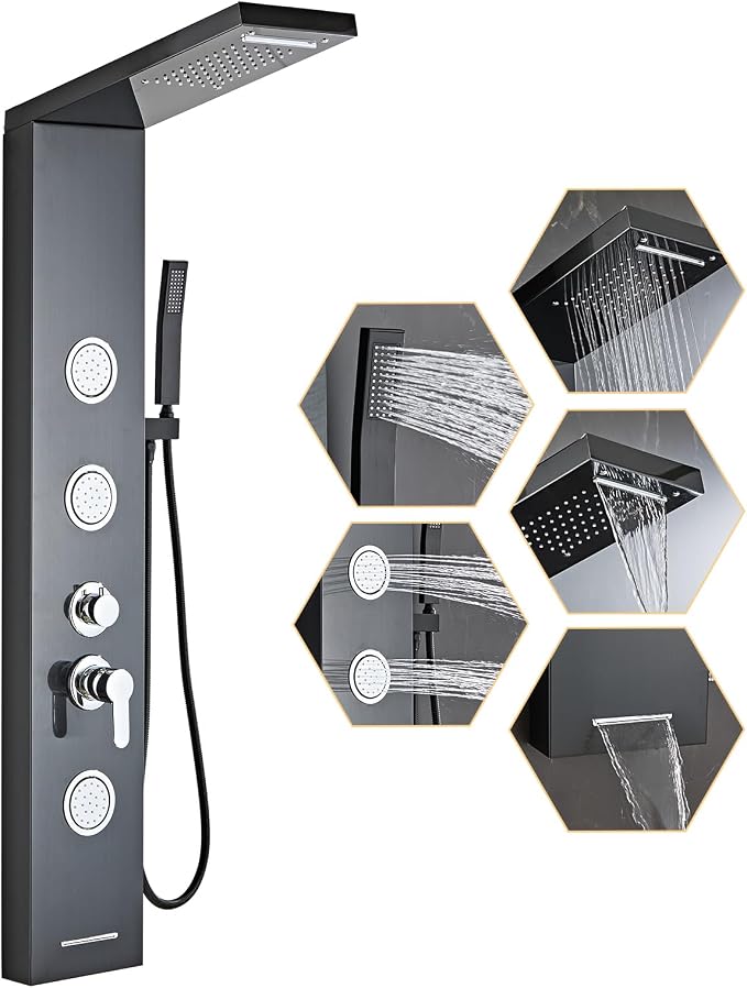 Shower Panel Tower System 5 in 1 Stainless Steel Shower Column | with Rainfall Waterfall Shower Head, Wall-Mount Rain Massage System with 3 Body Jet, Handheld, Tub Spout (Black)