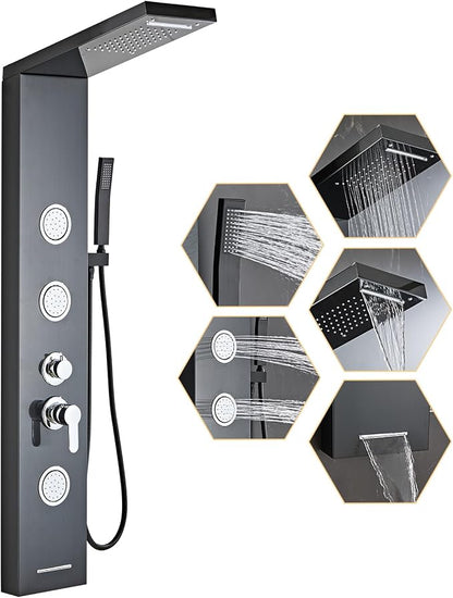 Shower Panel Tower System 5 in 1 Stainless Steel Shower Column | with Rainfall Waterfall Shower Head, Wall-Mount Rain Massage System with 3 Body Jet, Handheld, Tub Spout (Black)