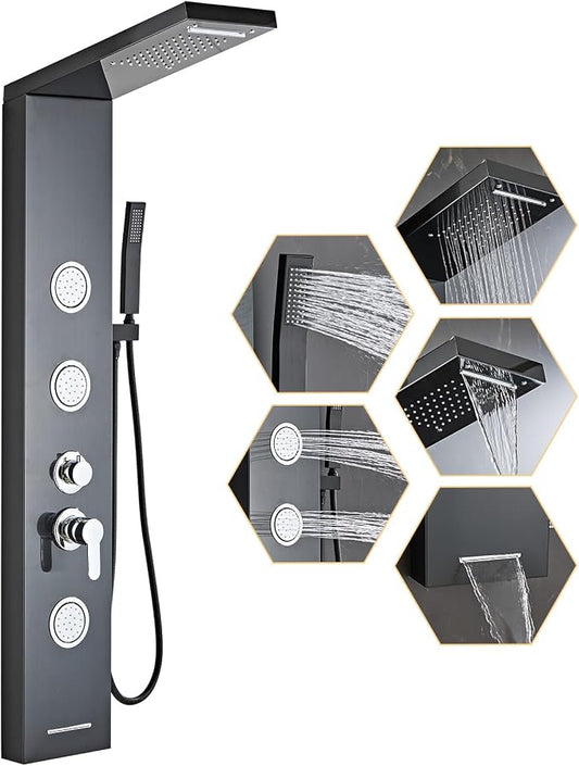 Shower Panel Tower System 5 in 1 Stainless Steel Shower Column | with Rainfall Waterfall Shower Head, Wall-Mount Rain Massage System with 3 Body Jet, Handheld, Tub Spout (Black)