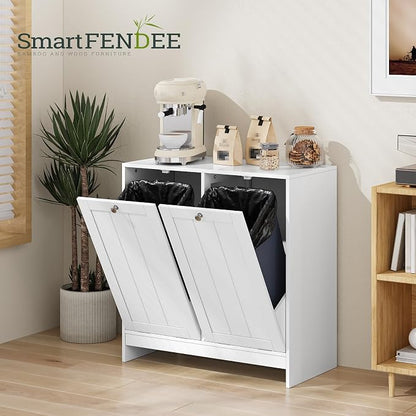 Smart FENDEE Double Tilt Out Laundry Hamper Cabinet, 11.8 Gallon Hidden Trash Cabinets with 2 Baskets for Kitchen, Freestanding Small Bathroom Storage Cabinet Unit, White