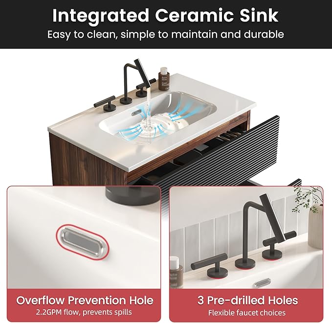 30" Floating Bathroom Vanity with Sink, Modern Wall Mounted Floating Vanity with Ceramic Sink, Double Soft-Close Drawers for Small Space, Apartment, Walnut+Black