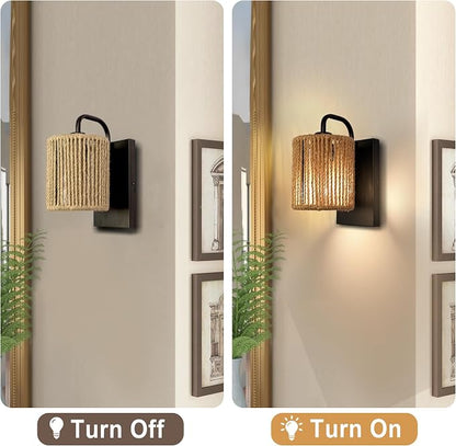 Boho Wall Sconce Rattan Wall Light Fixtures Hemp Rope Sconces | 10 inch Rattan Sconces for Bedroom Living Room Bathroom Hallway Rustic Bohemian Modern Woven Sconce E26