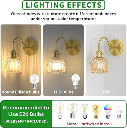 2-Pack Wall Sconces Lights Lamp for Bedroom Bathroom, Modern Vanity Light Fixtures, Wall Mount Lighting Vintage Tulip Amber Glass Shade for Living Room Mirror Hallway Kitchen