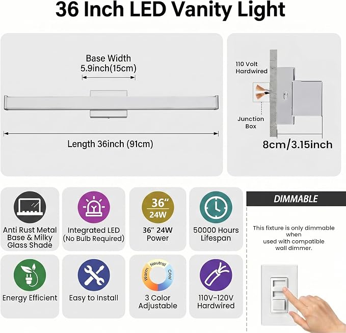 URSOLA 36" Modern LED Bathroom Light Fixtures, Chrome 3CCT Dimmable Bathroom Vanity Light Over Mirror, Bathroom Vanity Bath Bar Lights with Double Layer Acrylic Shade