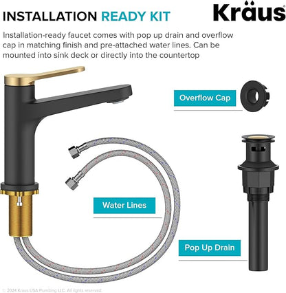 KRAUS Indy Single Handle One Hole Bathroom Sink Faucet in Spot-Free Brushed Brass/Matte Black, KBF-1411SFBBMB