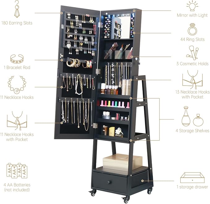 Jewelry Armoire Organizer 62 Inch Full Length Mirror with Standing LED Mirror Jewelry Cabinet Lockable Jewelry Storage Cabinet With Drawer Wheels Black