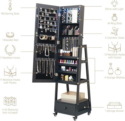 Jewelry Armoire Organizer 62 Inch Full Length Mirror with Standing LED Mirror Jewelry Cabinet Lockable Jewelry Storage Cabinet With Drawer Wheels Black