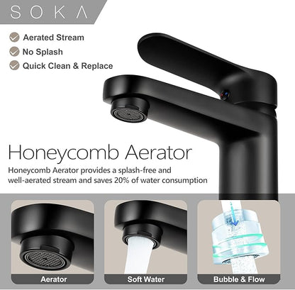 Brass Bathroom Faucet Matte Black with Pop-up Sink Drain Stopper & Deck Plate - 1 or 3 Hole Single Handle RV Faucet