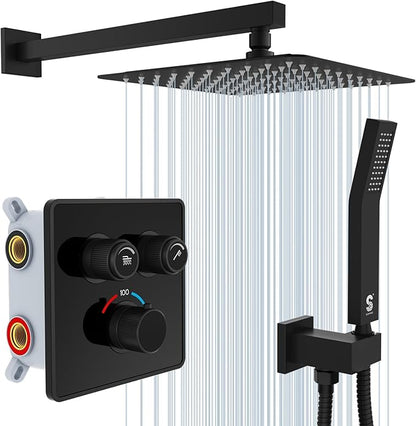 SR SUN RISE 100℉ Thermostatic Shower System,10" Luxury Rainfall Shower Head and High-Pressure Handheld Bathroom Shower Faucet Set,Shower Valve and Trim Kit Included (Matte Black)