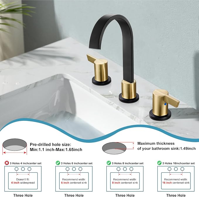 Midanya 8 Inch Widespread Bathroom Sink Faucet 3 Hole,Black and Gold Handle | Waterfall Swivel Spout,2 Handle,SUS304,with Pop Up Drain,cUPC 24" Water Hose,for 6-16” hole distance vanity,RV,Farmhouse Sink