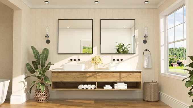 Black Framed Mirror for Bathroom Vanity 36" x 36" Matte Black Rectangle Beveled Frame Wall Mirror for Over Sink, Tempered Glass, Modern Farmhouse Bedroom, Entryway, Living Room