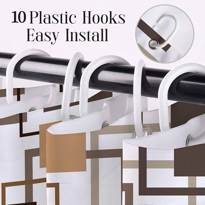 Abstract Geometric Brown Shower Curtain for Bathroom, Tan Vintage Striped Square Shower Curtain Modern Minimalist Polyester Fabric Bathroom Decor Curtains, 60W x 72L inches Including Hooks