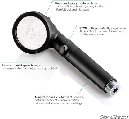 Original StoneStream® EcoPower Shower Head System — Spa Like Ionic Filter to Soften Water, Increase Pressure & Save Water — Multi Function Showerhead + 4-in-1 Wall Adapter Kit — Matte Black