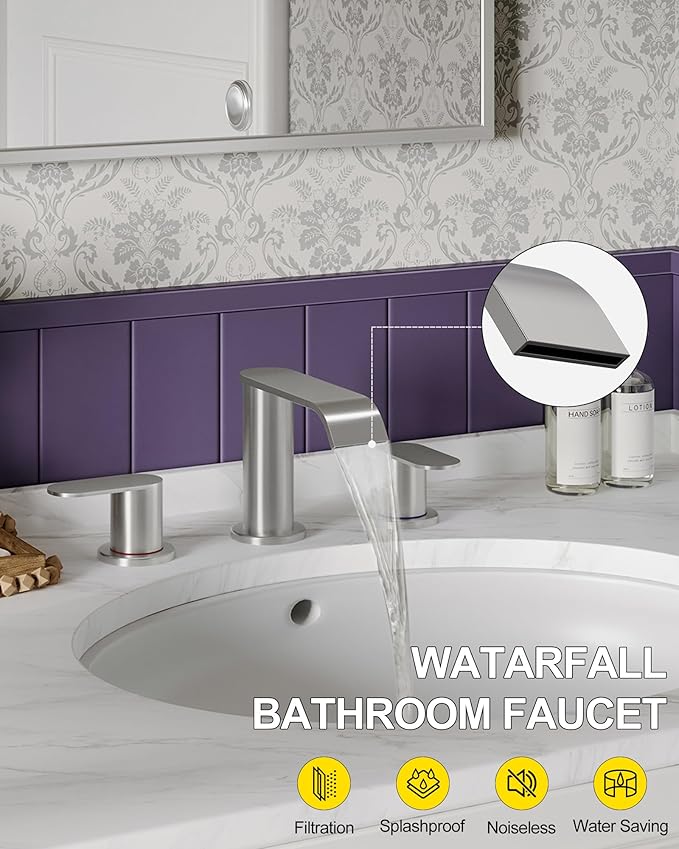 2 Pack Brushed Nickel Waterfall Bathroom Faucet for Sink 3 Hole Widespread | Bathroom Sink Faucets with Pop-up Drain and Supply Lines Stainless Steel 2-Handle Bathroom Sink Faucet by Homevacious