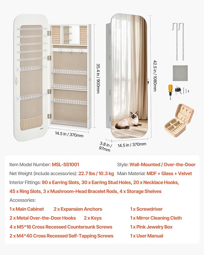VEVOR Mirror Jewelry Cabinet, 42.5-inch Tall, Full-Length Mirror with Storage, Wall Mount/Over the Door Jewelry Armoire Organizer, Rounded Design, Lockable with 2 Keys and a Travel Organizer, White