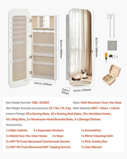 VEVOR Mirror Jewelry Cabinet, 42.5-inch Tall, Full-Length Mirror with Storage, Wall Mount/Over the Door Jewelry Armoire Organizer, Rounded Design, Lockable with 2 Keys and a Travel Organizer, White