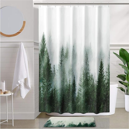 ORTIGIA 60x72 Misty Forest Stall Shower Curtain for Small Bathroom, Green Narrow Nature Woodland Shower Curtain Set with Hooks, Waterproof Fabric Pine Tree Fog Magic Home Bath Curtain