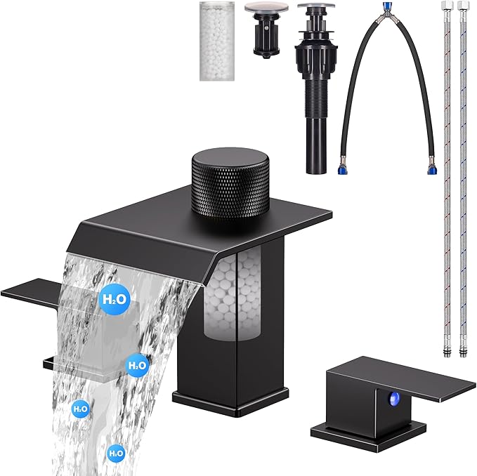 Bathroom Faucet 3 Hole, Black Bathroom Sink Faucet with Filter, 8 Inch Widespread Waterfall Bathroom Faucet with Metal Pop-Up Drain and Supply Hoses, Perfect for Vanity, Restroom, Sink, Rv