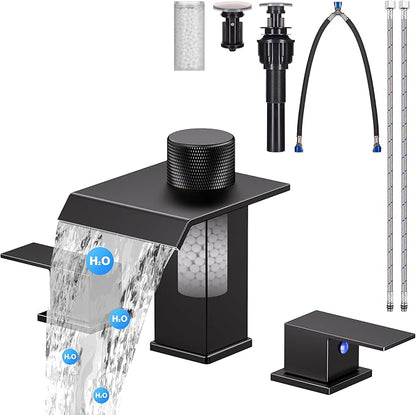 Bathroom Faucet 3 Hole, Black Bathroom Sink Faucet with Filter, 8 Inch Widespread Waterfall Bathroom Faucet with Metal Pop-Up Drain and Supply Hoses, Perfect for Vanity, Restroom, Sink, Rv