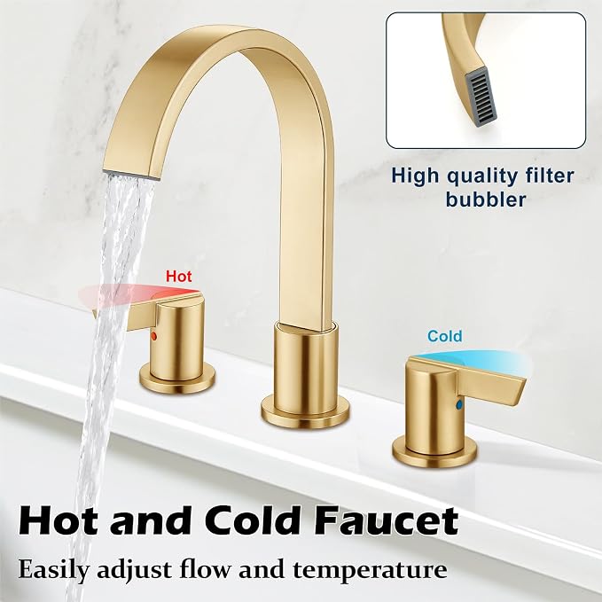 Midanya 8 Inch Widespread Bathroom Sink Faucet 3 Hole,Gold | Waterfall Swivel Spout,2 Handle,SUS304,with Pop Up Drain,cUPC 24" Water Hose,for 6-16” hole distance vanity,RV,Farmhouse Sink