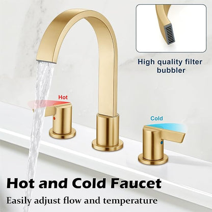 Midanya 8 Inch Widespread Bathroom Sink Faucet 3 Hole,Gold | Waterfall Swivel Spout,2 Handle,SUS304,with Pop Up Drain,cUPC 24" Water Hose,for 6-16” hole distance vanity,RV,Farmhouse Sink