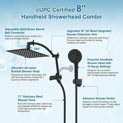 Hibbent Metal 8" High Pressure Rain Shower Head Combo, Oil-Rubbed Bronze | cUPC Certified Rainfall Shower Head with handheld 10 Sprays, 16'' Adjustable Extension Arm, 71'' Hose, Showerhead Holder
