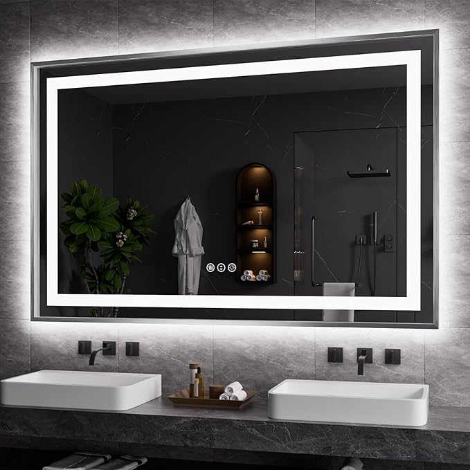 LED Bathroom Mirror 55"X36", Front Light and Backlit(Brushed Silver) | Metal Framed Mirror, Stepless Dimmable, Anti-Fog, HD Reflection, Shatter-Proof, Memory, 3 Colors, Double LED Vanity Mirror.