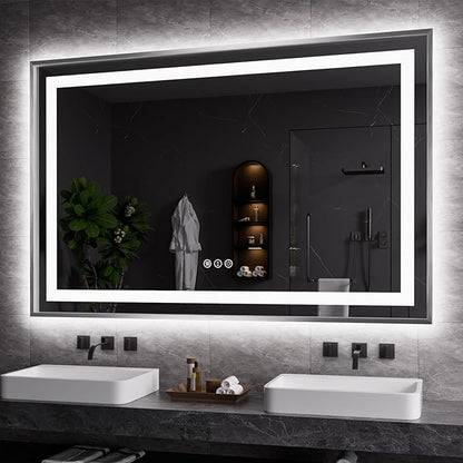 LED Bathroom Mirror 55"X36", Front Light and Backlit(Brushed Silver) | Metal Framed Mirror, Stepless Dimmable, Anti-Fog, HD Reflection, Shatter-Proof, Memory, 3 Colors, Double LED Vanity Mirror.