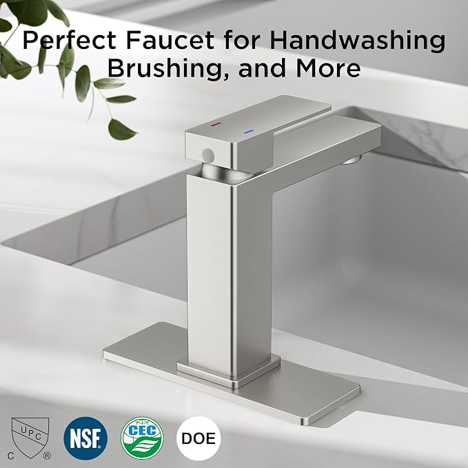 FORIOUS Bathroom Faucet 1 Hole, Single Handle Vanity Faucets Brushed Nickel | For 1 or 3 Hole 4 Inch Centerset Sink, with Pop-up Drain, NSF61 Certificate, Single Handle Faucet for Sink Vanity RV Restroom