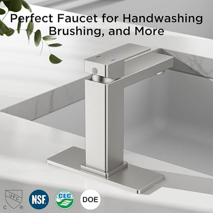 FORIOUS Bathroom Faucet 1 Hole, Single Handle Vanity Faucets Brushed Nickel | For 1 or 3 Hole 4 Inch Centerset Sink, with Pop-up Drain, NSF61 Certificate, Single Handle Faucet for Sink Vanity RV Restroom
