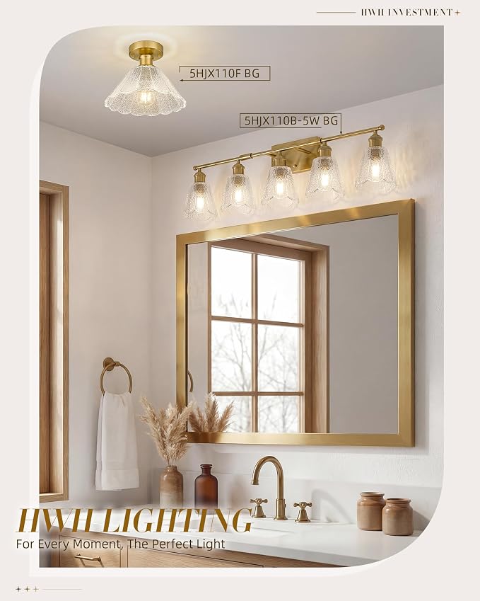 HWH 5-Light Bathroom Vanity Light Fixtures, Brushed Brass Modern Wall Lights with Clear Floral Glass, Vintage Wall Sconce Lighting for Mirror, Bedroom, 5HJX110B-5W BG