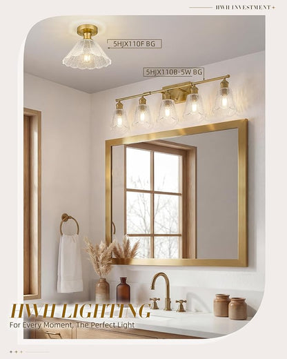 HWH 5-Light Bathroom Vanity Light Fixtures, Brushed Brass Modern Wall Lights with Clear Floral Glass, Vintage Wall Sconce Lighting for Mirror, Bedroom, 5HJX110B-5W BG
