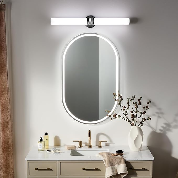 Kichler Sashi 32" LED Large Bath Bar with White Glass in Black, Modern, for Vanity, Fireplace, Buffet, Hallway, Vanity Mirror, (32" W x 5" H) 55193BKLED