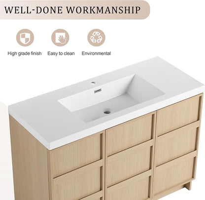 48-Inch Bathroom Vanity with Sink Mid-Century Bathroom Vanities with Top Basin Floor Wood Bathroom Sink Cabinet with Soft-Close Doors & Adjustable Storage Shelves (Oak)