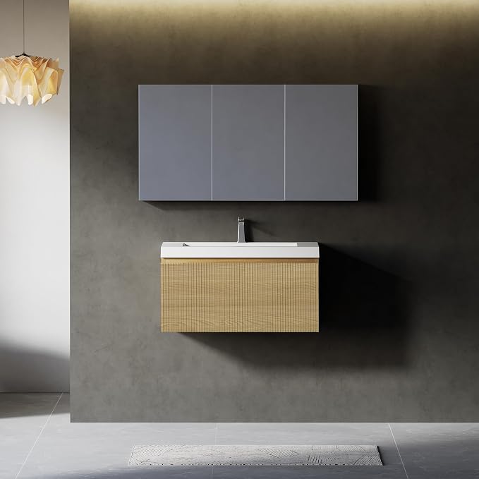 30 Inch Floating Bathroom Vanitywith Sink, Natural Oak | Storage Cabinet Wall Mounted Striped Cabinet, Glossy White Solid Surface Basin, Soft Close Drawers, Fully Assembled
