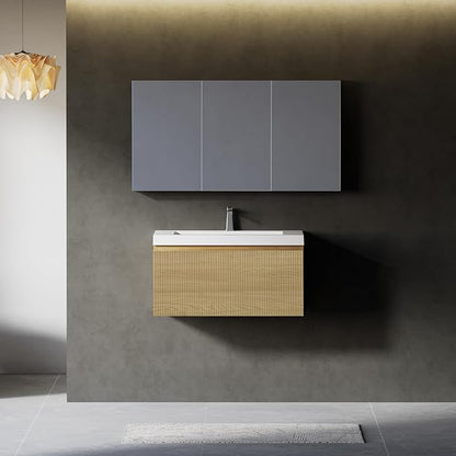 30 Inch Floating Bathroom Vanitywith Sink, Natural Oak | Storage Cabinet Wall Mounted Striped Cabinet, Glossy White Solid Surface Basin, Soft Close Drawers, Fully Assembled