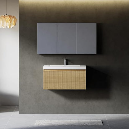30" Floating Bathroom Vanity with Sink, Wall-Mounted Modern Oak Storage Cabinet, Wave-Textured Soft-Close Drawer & Glossy White Solid Surface Basin, Natural Oak
