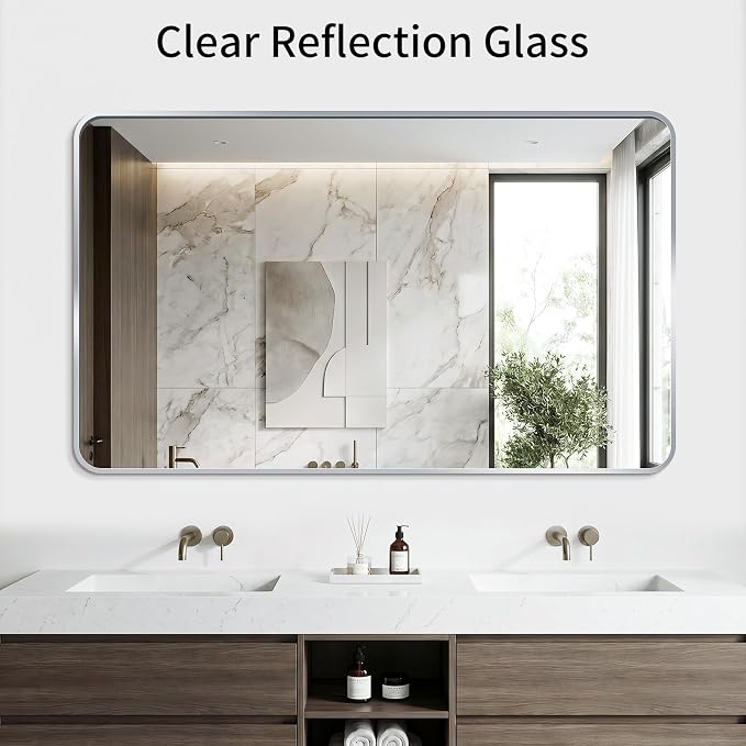 Bathroom Mirror for Wall, 30"x48" Black Bathroom Mirror for Over Sink, Shatterproof Tempered Glass Vanity Mirror with Anti-Rust Aluminum Alloy Frame, Hang Horizontally or Vertically, Silver