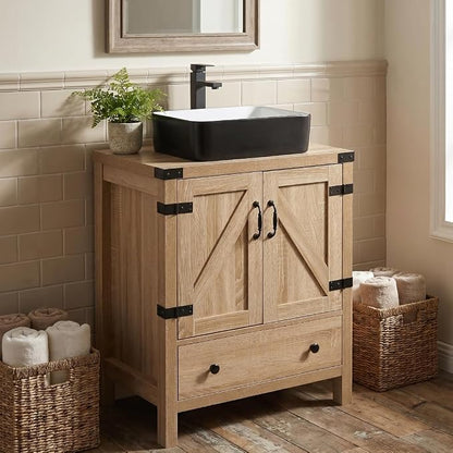 24 inch Natural Color Bathroom Vanity, Rustic Fixture Standing Pedestal Cabinet with Black and White Ceramic Sink