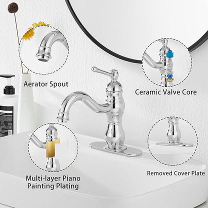 Chrome Bathroom Faucet GGStudy 360° Swivel Bathroom Vanity Faucet Single Handle One Hole Bathroom Sink Faucet Basin Matching Pop Up Drain with Overflow