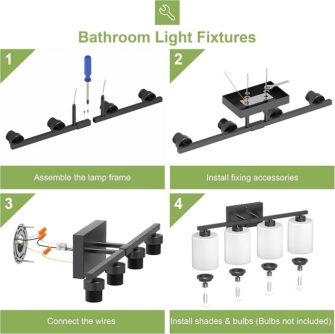 Honesorn 4-Light Vanity Lights, Matte Black Bathroom Light Fixtures | Black Bathroom Vanity Light, Wall Sconces with Milky White Frosted Shades Bedroom,E26 Socket(Bulbs Not Included)