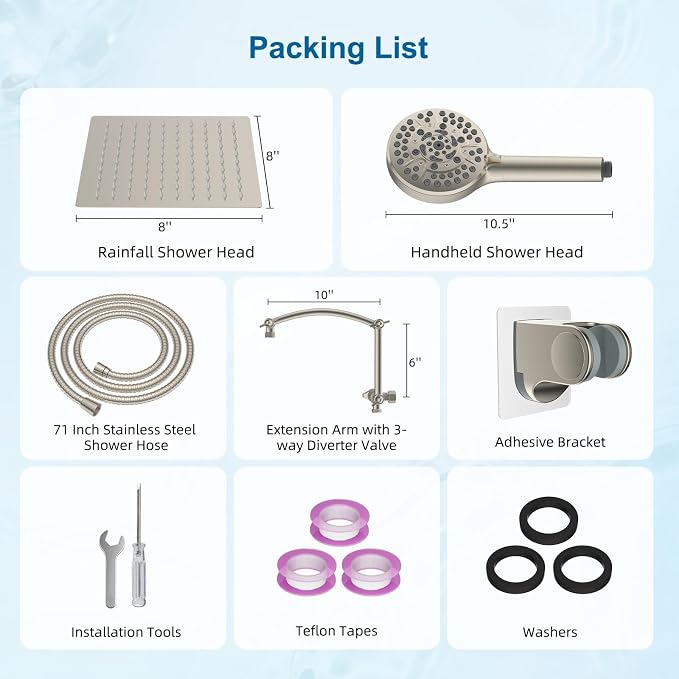 Hibbent All Metal 8" High Pressure Rain Shower Head Combo, Brushed Nickel | cUPC Certified Rainfall Shower Head with handheld 10 Sprays, 16'' Adjustable Extension Arm, 71'' Hose, Showerhead Holder
