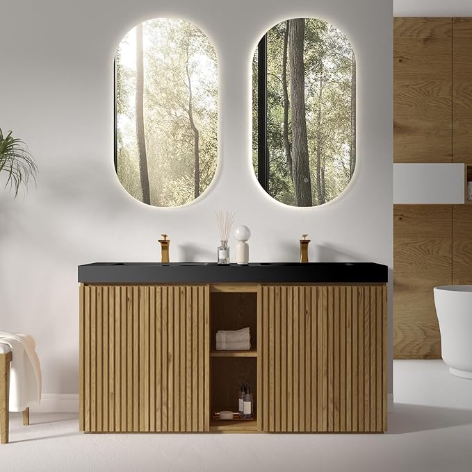 60" Bathroom Vanity with Double Sink, Freestanding Double Sink Bathroom Vanity with Black Engineered Stone Top, Open Storage Cabinet & Adjustable Shelf, 4 Soft-Closing Doors, Light Oak