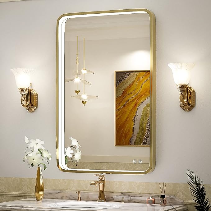 LED 36x24 Inch Lighted Bathroom Mirror,Gold Frame,3 Color | ETL Listed,Anti-Fog,3000K/4500K/6000K Dimmable,Horizontal & Vertical,Wall Mounted,Memory Function,Ideal for Bathroom,Vanity
