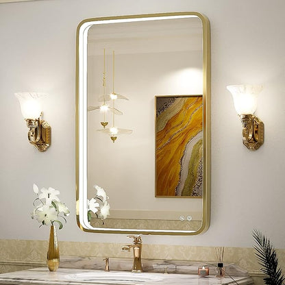 LED 36x24 Inch Lighted Bathroom Mirror,Gold Frame,3 Color | ETL Listed,Anti-Fog,3000K/4500K/6000K Dimmable,Horizontal & Vertical,Wall Mounted,Memory Function,Ideal for Bathroom,Vanity