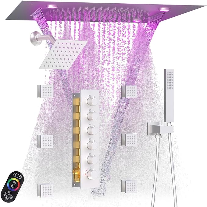 Enga Luxury Dual Shower Head System with Body Jets LED Thermostatic Shower System with 6 inch Wall Shower, 20-Inch 3 Function Shower Head (Rainfall & Mist & Waterfall), Brushed Nickel